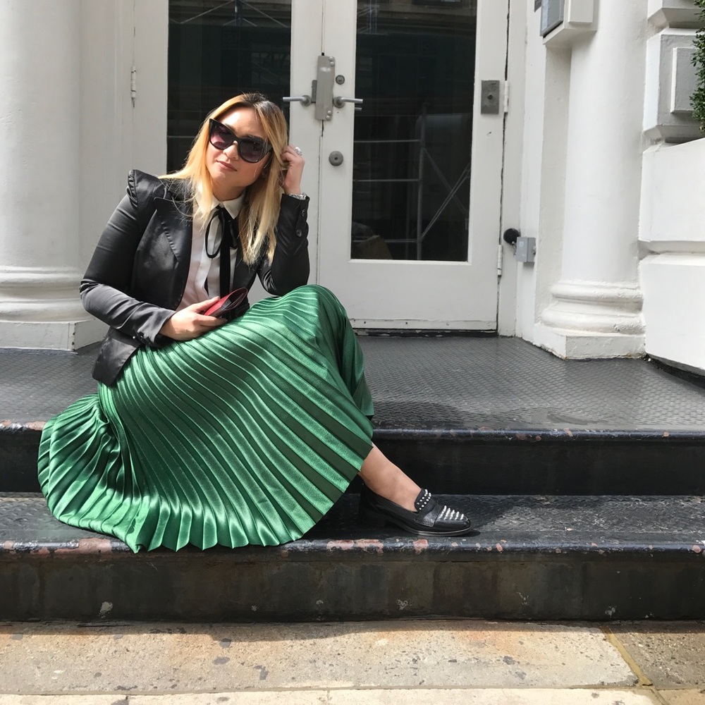 GORGEOUS GREEN FAN SKIRT SATIN MIDI PLEATED